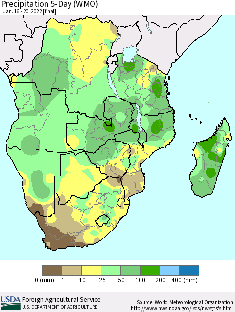 Southern Africa Precipitation 5-Day (WMO) Thematic Map For 1/16/2022 - 1/20/2022