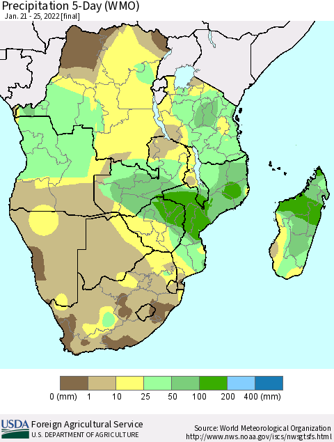 Southern Africa Precipitation 5-Day (WMO) Thematic Map For 1/21/2022 - 1/25/2022