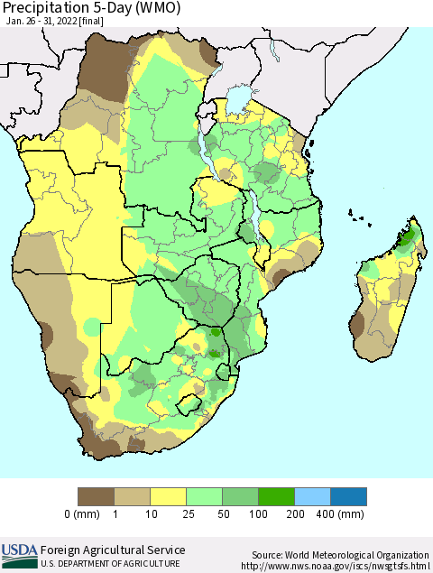 Southern Africa Precipitation 5-Day (WMO) Thematic Map For 1/26/2022 - 1/31/2022