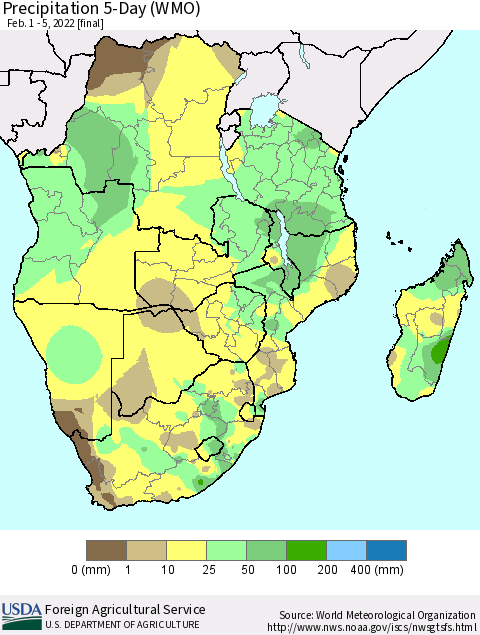 Southern Africa Precipitation 5-Day (WMO) Thematic Map For 2/1/2022 - 2/5/2022