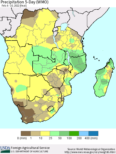 Southern Africa Precipitation 5-Day (WMO) Thematic Map For 2/6/2022 - 2/10/2022