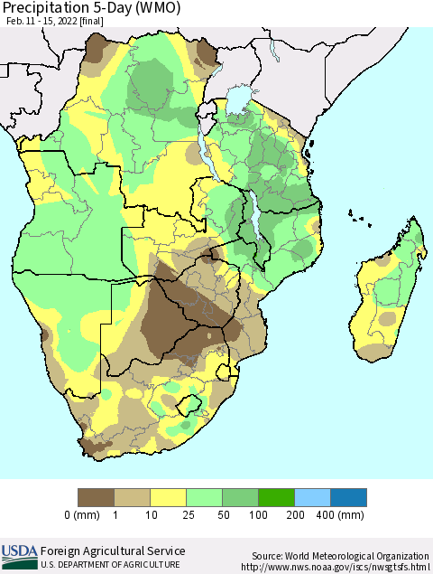 Southern Africa Precipitation 5-Day (WMO) Thematic Map For 2/11/2022 - 2/15/2022