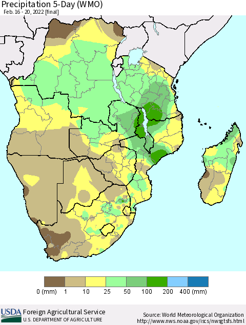 Southern Africa Precipitation 5-Day (WMO) Thematic Map For 2/16/2022 - 2/20/2022