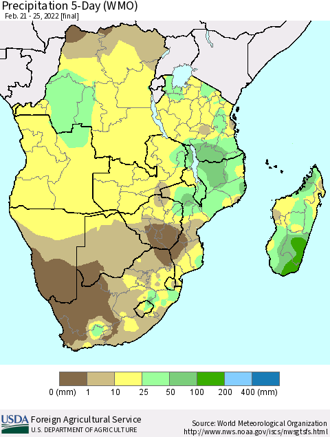 Southern Africa Precipitation 5-Day (WMO) Thematic Map For 2/21/2022 - 2/25/2022