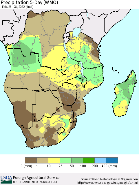 Southern Africa Precipitation 5-Day (WMO) Thematic Map For 2/26/2022 - 2/28/2022