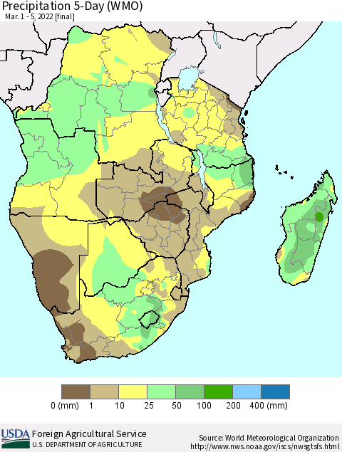 Southern Africa Precipitation 5-Day (WMO) Thematic Map For 3/1/2022 - 3/5/2022