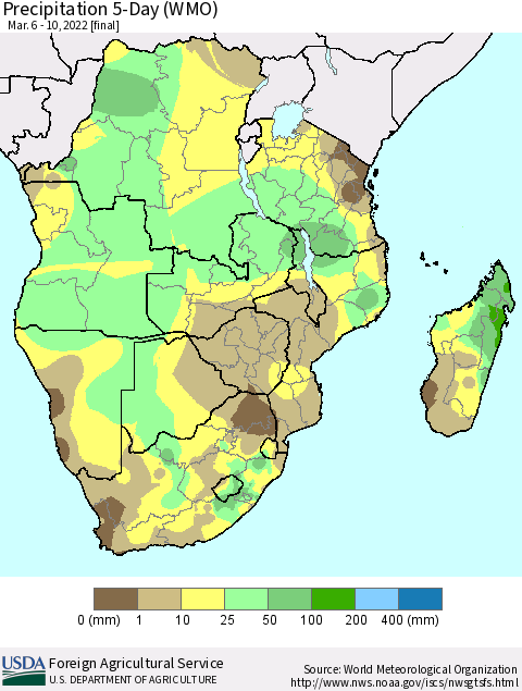 Southern Africa Precipitation 5-Day (WMO) Thematic Map For 3/6/2022 - 3/10/2022