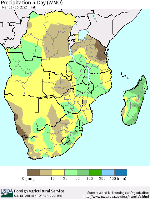 Southern Africa Precipitation 5-Day (WMO) Thematic Map For 3/11/2022 - 3/15/2022