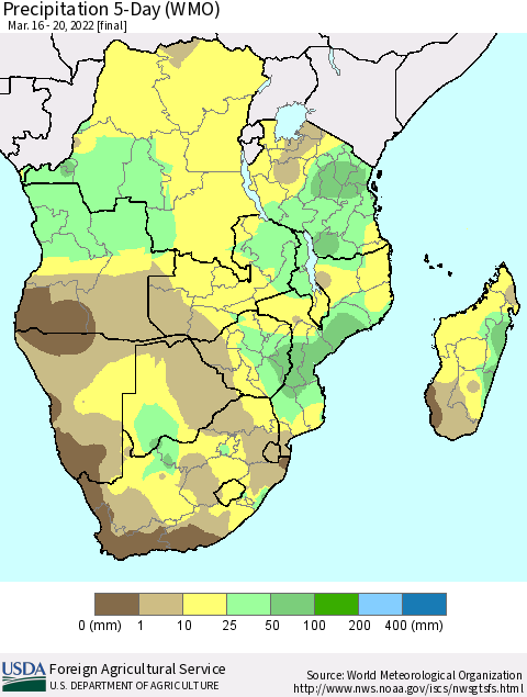 Southern Africa Precipitation 5-Day (WMO) Thematic Map For 3/16/2022 - 3/20/2022