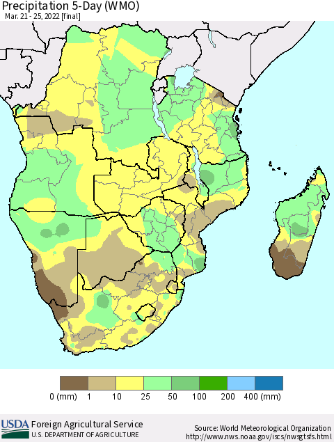 Southern Africa Precipitation 5-Day (WMO) Thematic Map For 3/21/2022 - 3/25/2022
