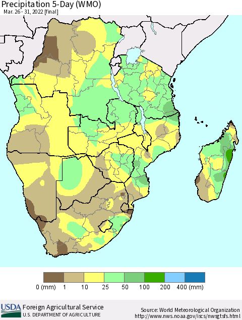 Southern Africa Precipitation 5-Day (WMO) Thematic Map For 3/26/2022 - 3/31/2022