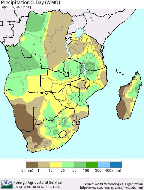 Southern Africa Precipitation 5-Day (WMO) Thematic Map For 4/1/2022 - 4/5/2022
