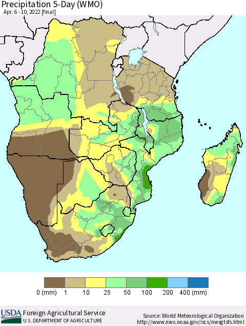 Southern Africa Precipitation 5-Day (WMO) Thematic Map For 4/6/2022 - 4/10/2022
