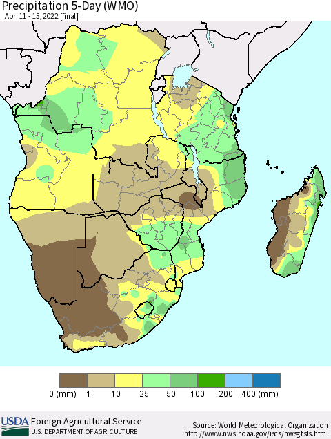 Southern Africa Precipitation 5-Day (WMO) Thematic Map For 4/11/2022 - 4/15/2022
