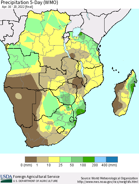 Southern Africa Precipitation 5-Day (WMO) Thematic Map For 4/16/2022 - 4/20/2022