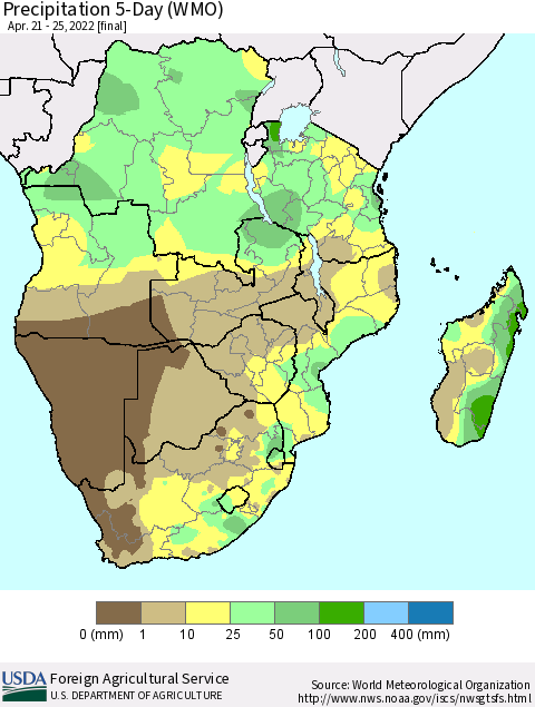 Southern Africa Precipitation 5-Day (WMO) Thematic Map For 4/21/2022 - 4/25/2022
