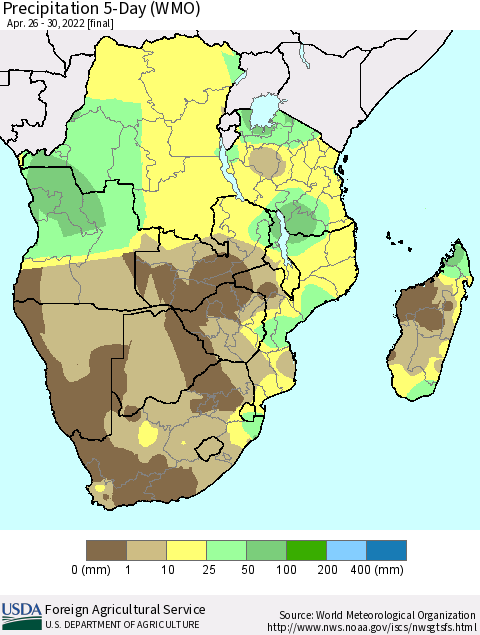 Southern Africa Precipitation 5-Day (WMO) Thematic Map For 4/26/2022 - 4/30/2022