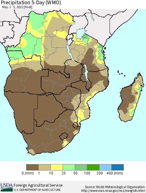Southern Africa Precipitation 5-Day (WMO) Thematic Map For 5/1/2022 - 5/5/2022