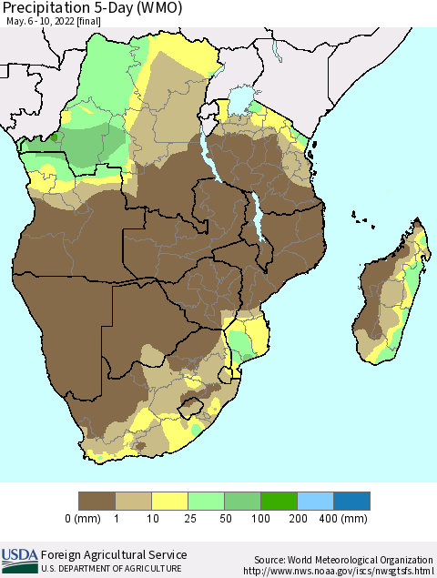 Southern Africa Precipitation 5-Day (WMO) Thematic Map For 5/6/2022 - 5/10/2022