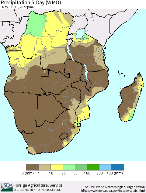 Southern Africa Precipitation 5-Day (WMO) Thematic Map For 5/11/2022 - 5/15/2022