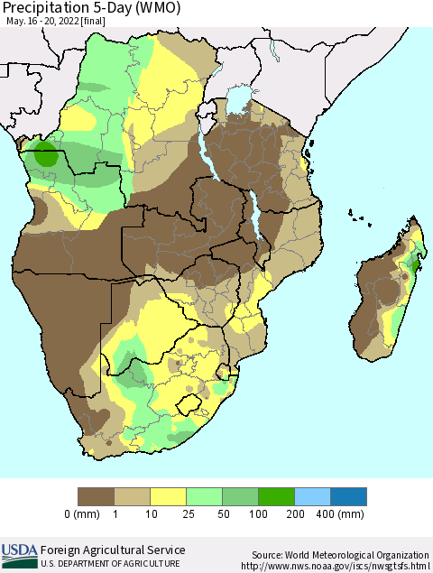 Southern Africa Precipitation 5-Day (WMO) Thematic Map For 5/16/2022 - 5/20/2022