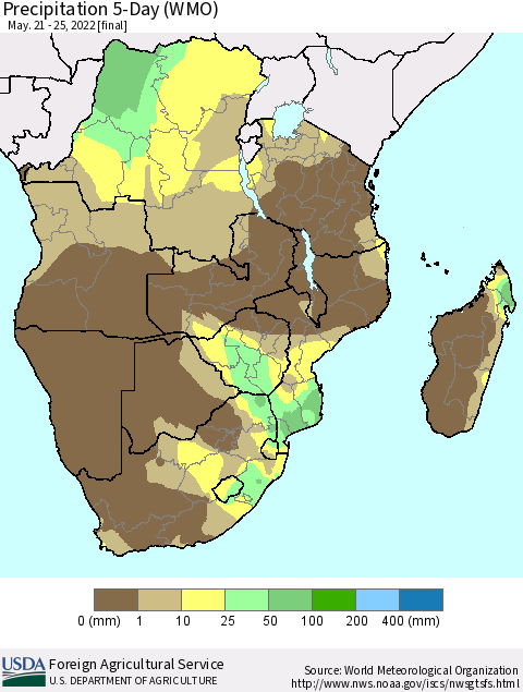 Southern Africa Precipitation 5-Day (WMO) Thematic Map For 5/21/2022 - 5/25/2022