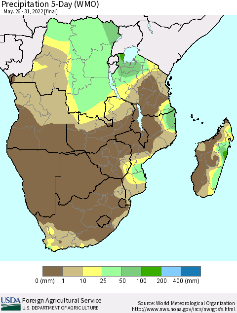 Southern Africa Precipitation 5-Day (WMO) Thematic Map For 5/26/2022 - 5/31/2022