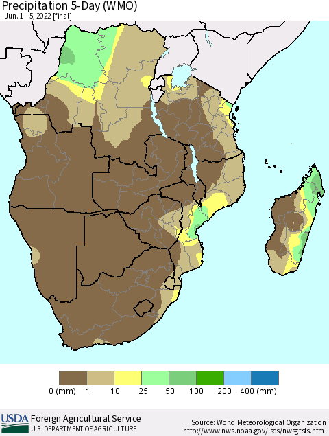 Southern Africa Precipitation 5-Day (WMO) Thematic Map For 6/1/2022 - 6/5/2022