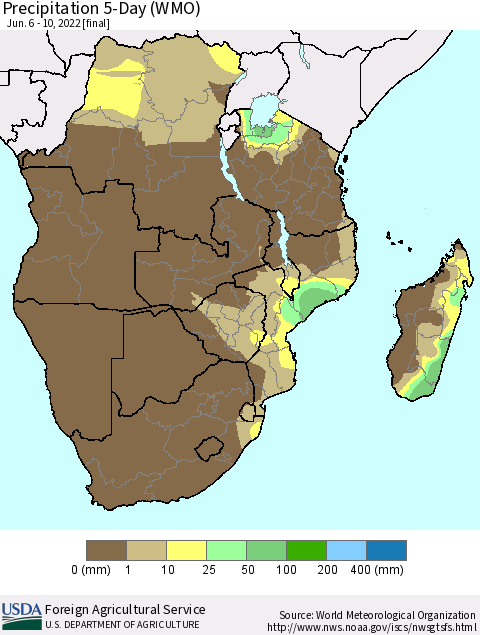 Southern Africa Precipitation 5-Day (WMO) Thematic Map For 6/6/2022 - 6/10/2022