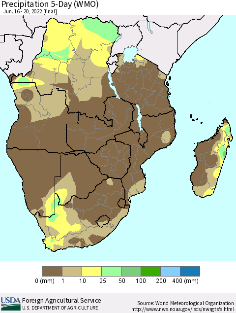 Southern Africa Precipitation 5-Day (WMO) Thematic Map For 6/16/2022 - 6/20/2022