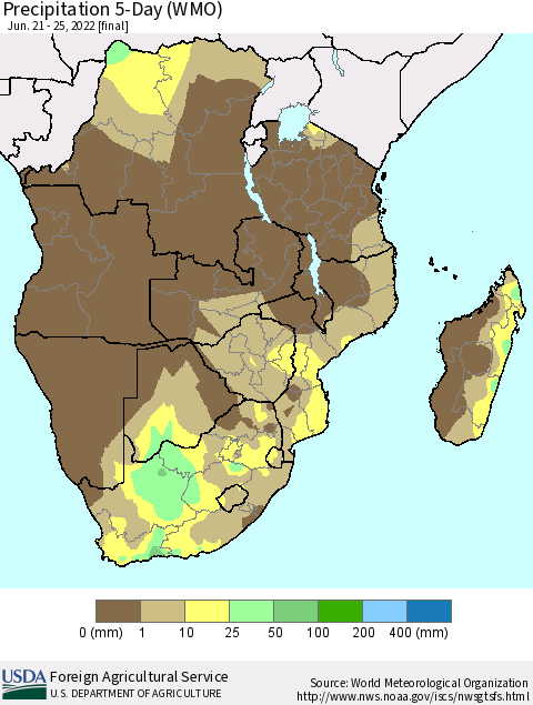 Southern Africa Precipitation 5-Day (WMO) Thematic Map For 6/21/2022 - 6/25/2022