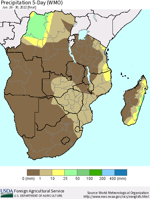 Southern Africa Precipitation 5-Day (WMO) Thematic Map For 6/26/2022 - 6/30/2022