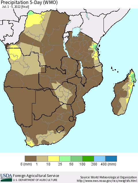 Southern Africa Precipitation 5-Day (WMO) Thematic Map For 7/1/2022 - 7/5/2022