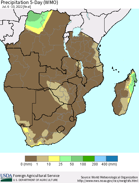 Southern Africa Precipitation 5-Day (WMO) Thematic Map For 7/6/2022 - 7/10/2022