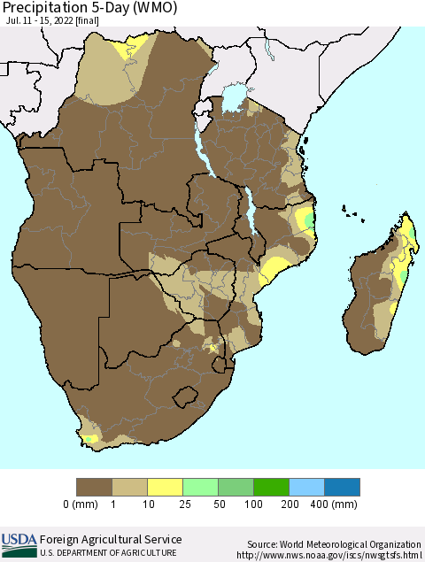 Southern Africa Precipitation 5-Day (WMO) Thematic Map For 7/11/2022 - 7/15/2022