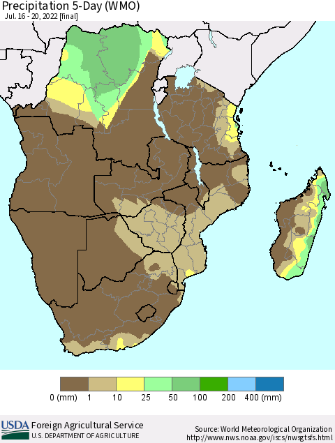 Southern Africa Precipitation 5-Day (WMO) Thematic Map For 7/16/2022 - 7/20/2022