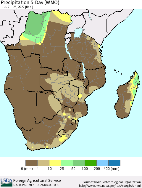 Southern Africa Precipitation 5-Day (WMO) Thematic Map For 7/21/2022 - 7/25/2022
