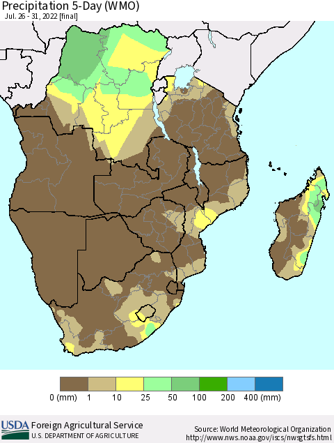 Southern Africa Precipitation 5-Day (WMO) Thematic Map For 7/26/2022 - 7/31/2022