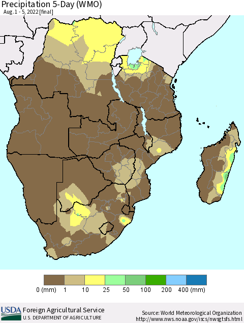 Southern Africa Precipitation 5-Day (WMO) Thematic Map For 8/1/2022 - 8/5/2022