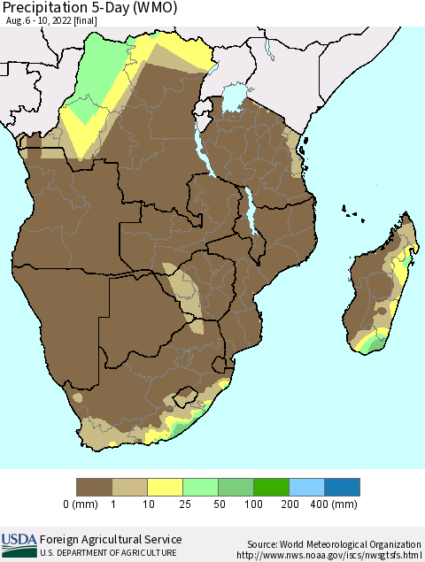 Southern Africa Precipitation 5-Day (WMO) Thematic Map For 8/6/2022 - 8/10/2022
