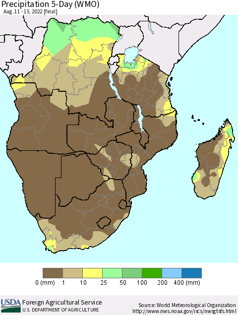 Southern Africa Precipitation 5-Day (WMO) Thematic Map For 8/11/2022 - 8/15/2022