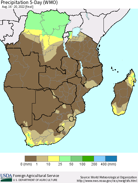 Southern Africa Precipitation 5-Day (WMO) Thematic Map For 8/16/2022 - 8/20/2022