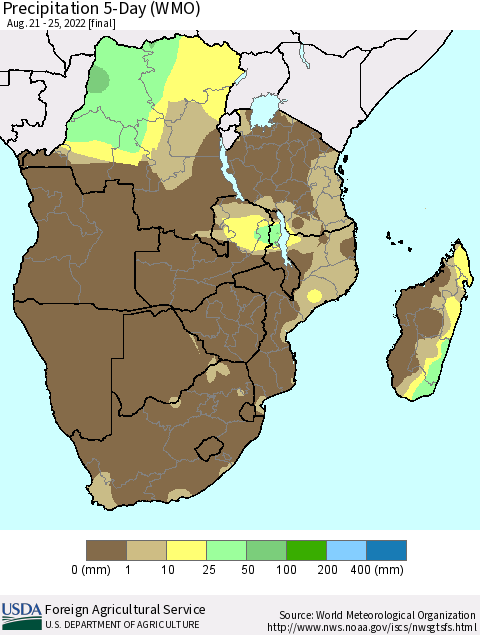 Southern Africa Precipitation 5-Day (WMO) Thematic Map For 8/21/2022 - 8/25/2022
