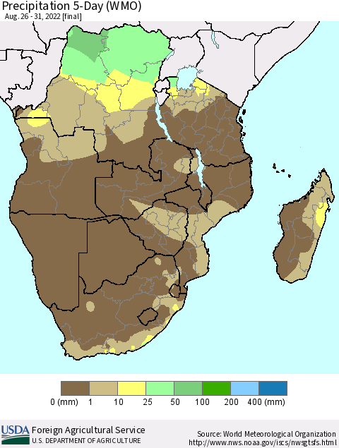 Southern Africa Precipitation 5-Day (WMO) Thematic Map For 8/26/2022 - 8/31/2022