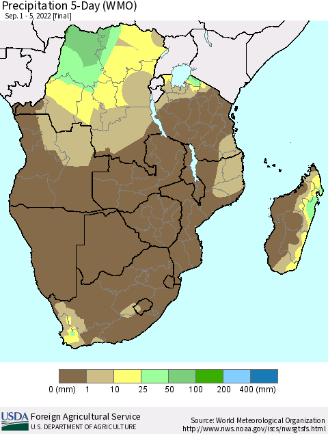 Southern Africa Precipitation 5-Day (WMO) Thematic Map For 9/1/2022 - 9/5/2022