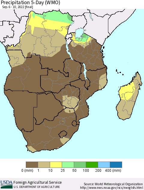 Southern Africa Precipitation 5-Day (WMO) Thematic Map For 9/6/2022 - 9/10/2022