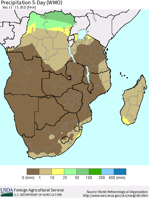 Southern Africa Precipitation 5-Day (WMO) Thematic Map For 9/11/2022 - 9/15/2022