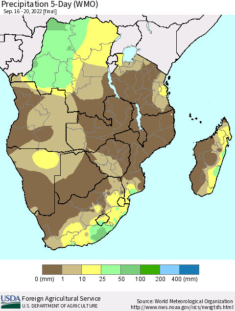 Southern Africa Precipitation 5-Day (WMO) Thematic Map For 9/16/2022 - 9/20/2022