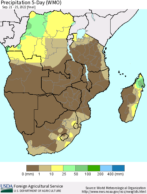 Southern Africa Precipitation 5-Day (WMO) Thematic Map For 9/21/2022 - 9/25/2022