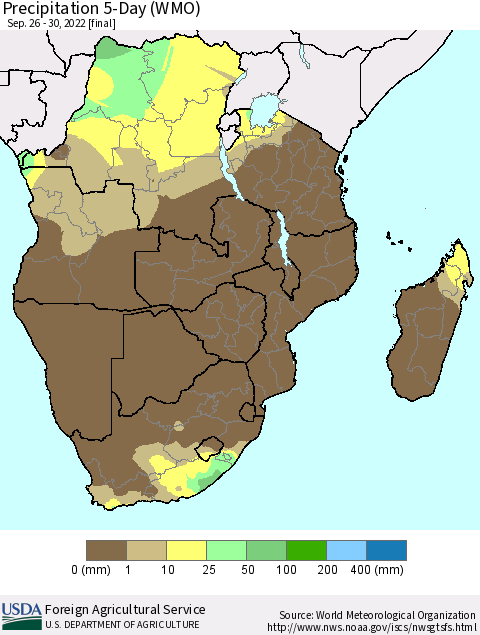 Southern Africa Precipitation 5-Day (WMO) Thematic Map For 9/26/2022 - 9/30/2022